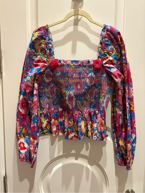 Floral Smocked Puff-Sleeve Crop Top in Multicolor Pink